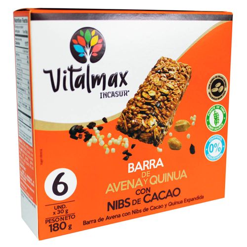 Barra de Avena, Quinua y Nibs VITALMAX Paquete 180g