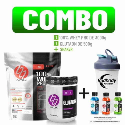 COMBO ADN NUTRITION - 100% WHEY PRO 3 KG. VAINILLA + GLUTADN 500 GR. NATURAL + SHAKER