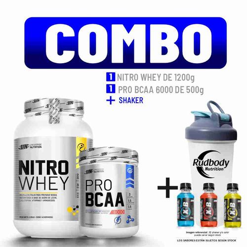 COMBO UNIVERSE NUTRITION - NITRO WHEY 1.200 KG. VAINILLA  + PRO BCAA 6000 500 GR. NARANJA + SHAKER