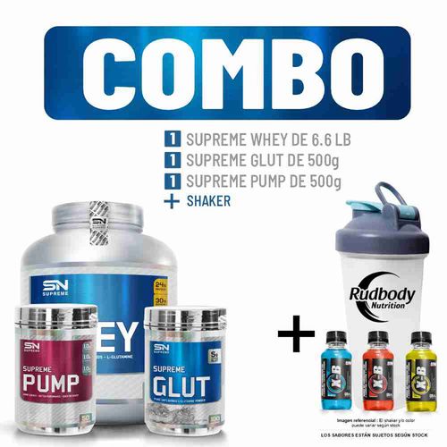 COMBO SUPREME NUTRITION - SUPREME WHEY 6.6 LIBRAS CHOCOLATE + SUPREME GLUT 500 GR. + SUPREME PUMP 50