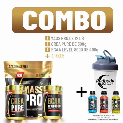 COMBO LEVEL PRO - MASS PRO 12 LIBRAS VAINILLA CREMÉ + BCAA LEVEL 8000 400 GR. ORANGE + CREA PURE 500