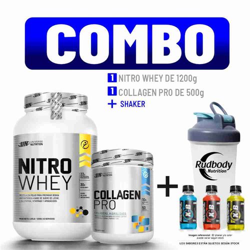 COMBO UNIVERSE NUTRITION - NITRO WHEY 1.200 KG. VAINILLA + COLLAGEN PRO 500 GR. FRUIT PUNCH + SHAKER