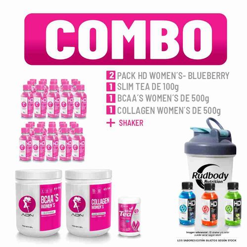 COMBO ADN WOMENS - BCAA'S WOMEN 500 GR. BLUEBERRY + COLLAGEN WOMEN 500 GR. SANDÍA + SLIM TEA + 2 HD