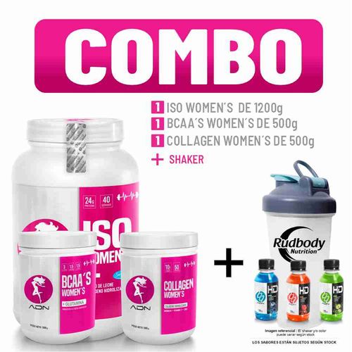 COMBO ADN WOMEN'S - ISO WOMEN'S 1.200 KG. CHOCOLATE + BCAA'S WOMEN'S 500 GR. CITRUS PUNCH + COLLAGEN