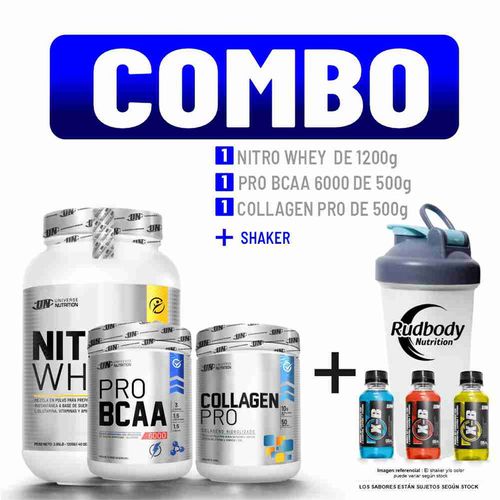 COMBO UNIVERSE NUTRITION - NITRO WHEY 1.200 KG. COOKIE + PRO BCAA 500 GR. FRUIT PUNCH + COLLAGEN PRO 500 GR. FRUIT PUNCH +SHAKER