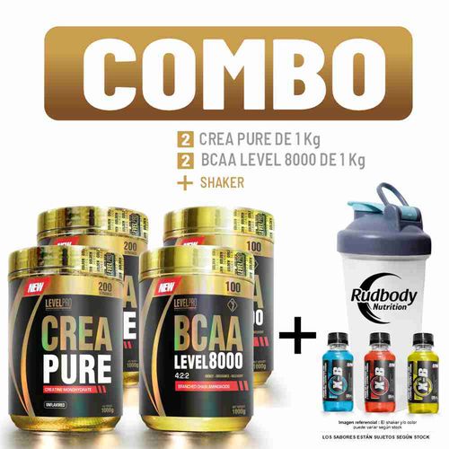 COMBO LEVEL PRO - 2 CREA PURE 1 KG. + 2 BCAA LEVEL 8000 1 KG. BLUEBERRY + SHAKER