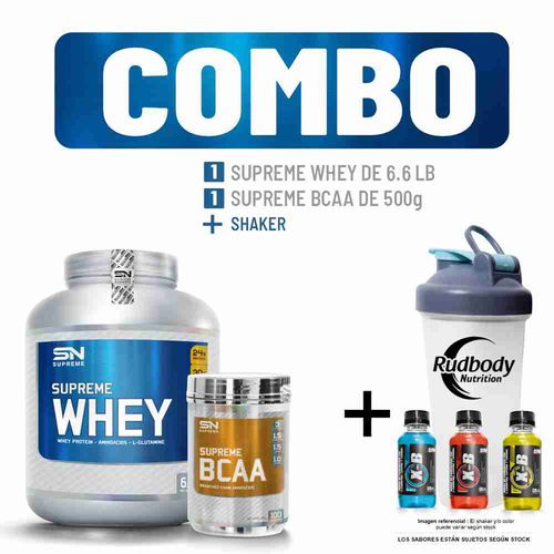 COMBO SUPREME NUTRITION - SUPREME WHEY 6.6 LIBRAS VAINILLA + SUPREME BCAA 500 GR. FRUIT PUNCH + SHAK