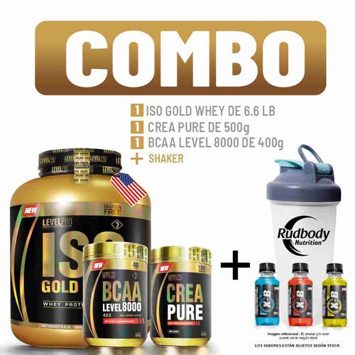 COMBO LEVEL PRO - ISO GOLD WHEY 6.6 LIBRAS VAINILLA CREMÉ + BCAA LEVEL 8000 400 GR. WATERMELON + CRE