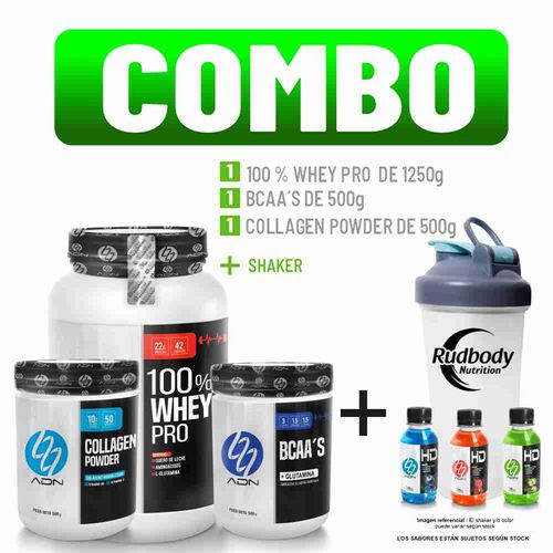 COMBO ADN NUTRITION - 100% WHEY PRO  1.200 KG. CHOCOLATE + BCAA'S 500 GR. FRUIT PUNCH + COLLAGEN POW