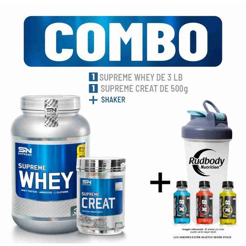 COMBO SUPREME NUTRITION - SUPREME WHEY 3 LIBRAS CHOCOLATE + SUPREME CREAT 500 GR. + SHAKER