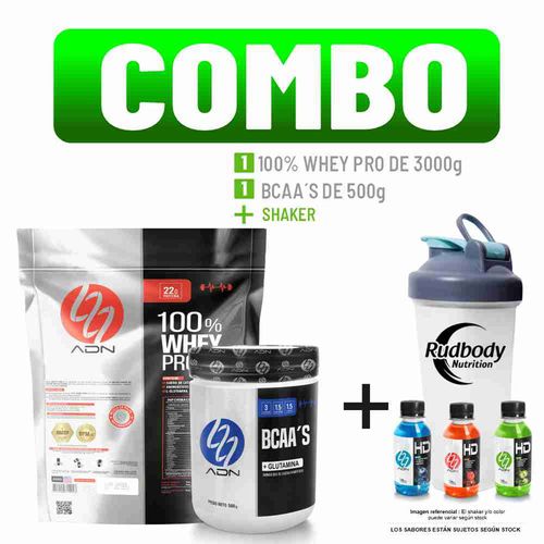 COMBO ADN NUTRITION - 100% WHEY PRO 3 KG. VAINILLA + BCAA'S 500 GR. FRUIT PUNCH + SHAKER