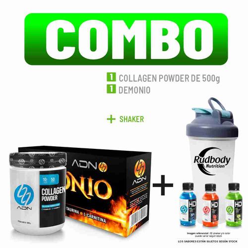 COMBO ADN NUTRITION - COLLAGEN POWDER 500 GR. FRUIT PUNCH + DEMONIO CAJA 28 UNID. MARACUYÁ + SHAKER