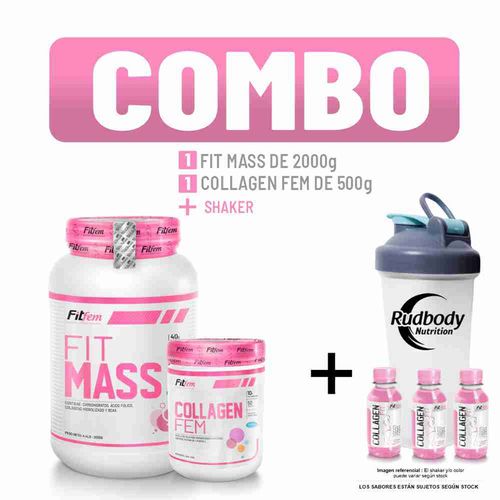 COMBO FITFEM - FITMASS 2 KG. CHOCOLATE + COLLAGEN FEM 500 GR. FRUIT PUNCH + SHAKER