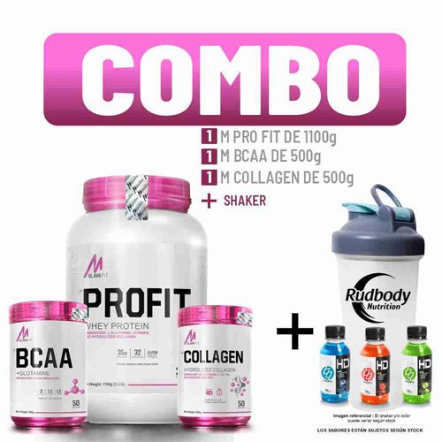 COMBO MSLAVA FIT - PROFIT 2.400 LIBRAS FRESA + BCAA 500 GR. RASPBERRY + COLLAGEN 500 GR. ORANGE + SH