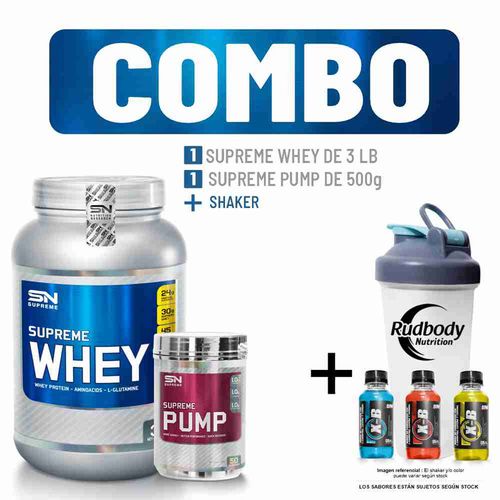 COMBO SUPREME NUTRITION - SUPREME WHEY 3 LIBRAS CHOCOLATE + SUPREME PUMP 500 GR. WATERMELON + SHAKER