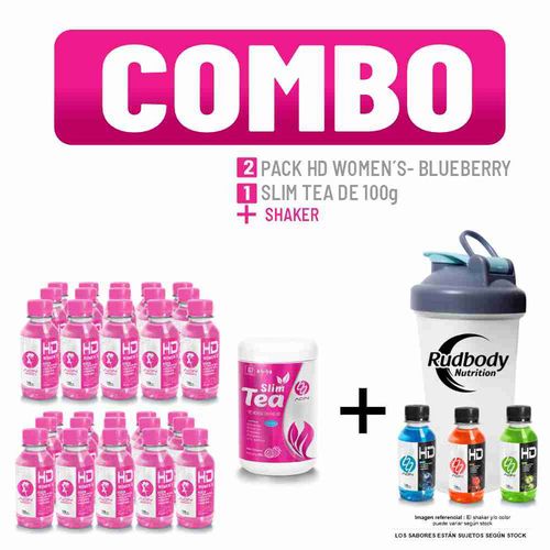 COMBO ADN WOMEN'S - SLIM TEA 100 GR. FRAMBUESA + 2 HD WOMEN'S PACK 30 UNID. BLUEBERRY + SHAKER