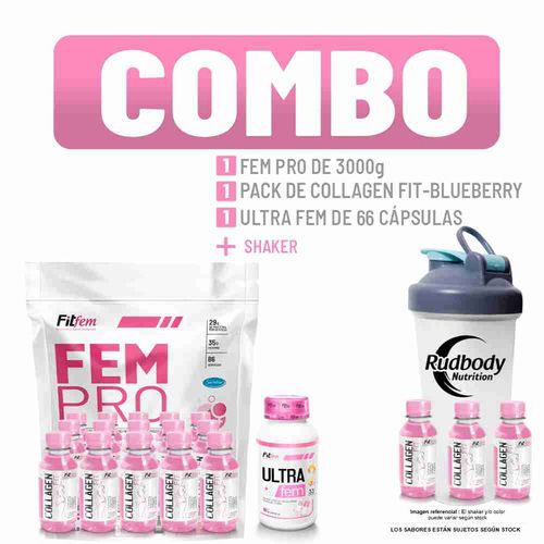 COMBO FITFEM - FEM PRO 3 KG. VAINILLA + ULTRA FEM FRASCO DE 66 CAPS. + COLLAGEN FIT PACK DE 15 UNID.