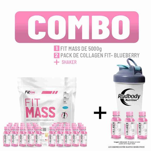 COMBO FITFEM - FITMASS 5 KG. CHOCOLATE + 2 COLLAGEN FIT PACK DE 15 UNID. BLUEBERRY + SHAKER