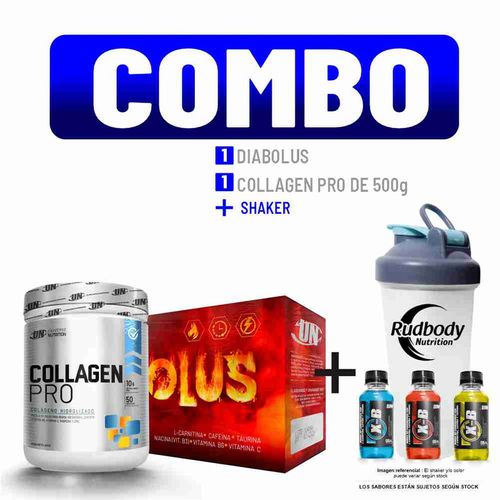 COMBO UNIVERSE NUTRITION - COLLAGEN PRO 500 GR. SANDÍA + DIABOLUS CAJA 28 UNID. MARACUYÁ + SHAKER