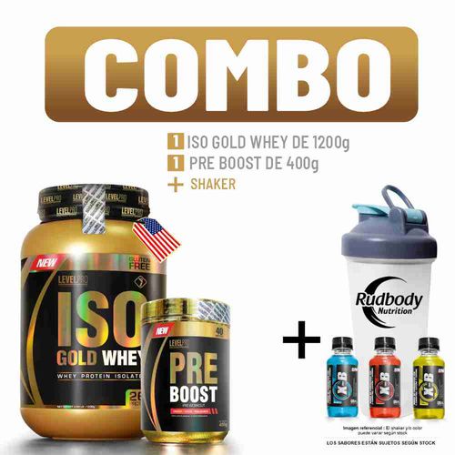 COMBO LEVEL PRO - ISO GOLD WHEY 2.650 LIBRAS VAINILLA CREMÉ + PRE BOOST 400 GR. WATERMELON + SHAKER