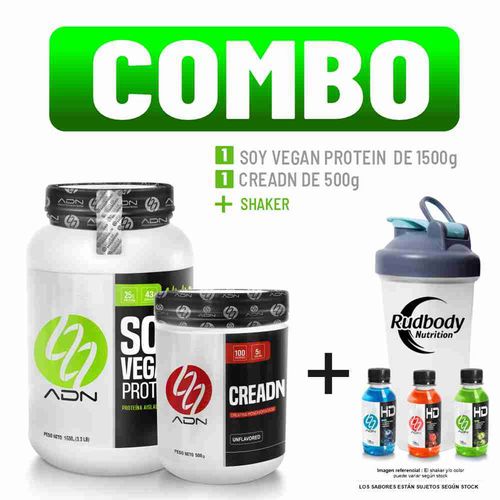 COMBO ADN NUTRITION - SOY VEGAN PROTEIN 1.500 KG. VAINILLA + CREADN 500 GR. + SHAKER