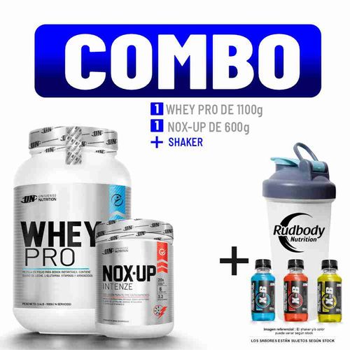 COMBO UNIVERSE NUTRITION - WHEY PRO 1.100 KG. CHOCOLATE + NOX-UP INTENZE 600 GR. CITRUS PUNCH + SHAK