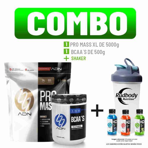 COMBO ADN NUTRITION - PRO MASS XL 5 KG. CHOCOLATE + BCAA'S 500 GR. FRUIT PUNCH + SHAKER