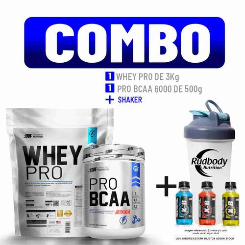 COMBO UNIVERSE NUTRITION - WHEY PRO 3 KG. VAINILLA + PRO BCAA 6000 500 GR. NARANJA + SHAKER