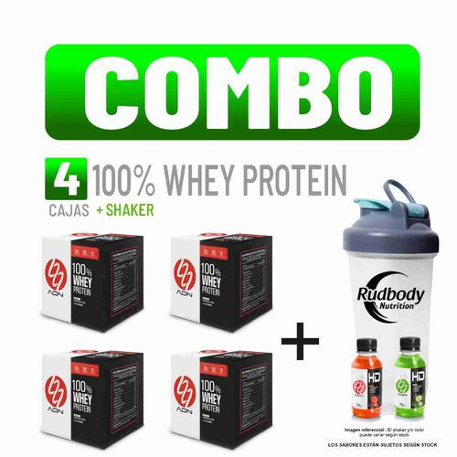 COMBO ADN NUTRITION - 4 100% WHEY PRO CAJA 10 UNID. CHOCOLATE + SHAKER