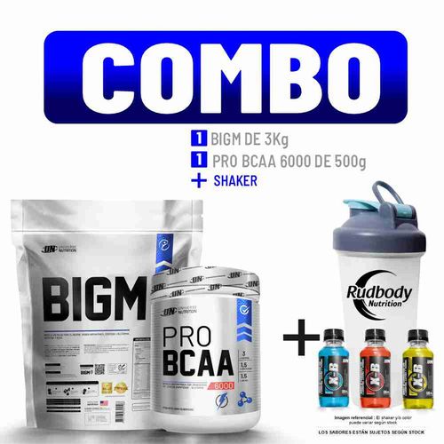 COMBO UNIVERSE NUTRITION - BIGM 3 KG. VAINILLA +  PRO BCAA 6000 500 GR. NARANJA + SHAKER