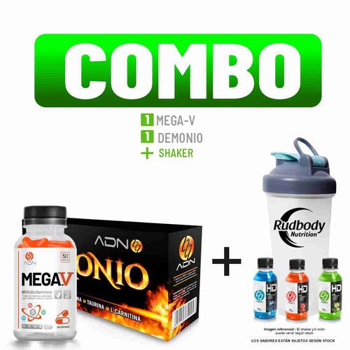 COMBO ADN NUTRITION - MEGA.V 100 CAPS. + DEMONIO CAJA 28 UNID. MARACUYÁ + SHAKER