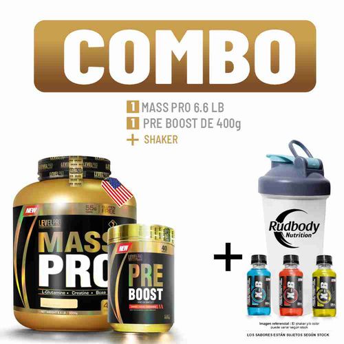 COMBO LEVEL PRO - MASS PRO 6.6 LIBRAS VAINILLA CREMÉ + PRE BOOST 400 GR. BLUEBERRY + SHAKER