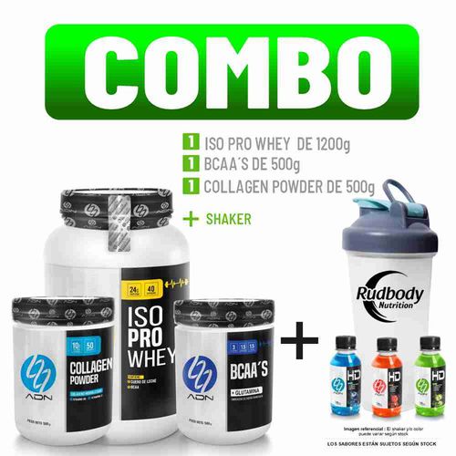 COMBO ADN NUTRITION - ISO PRO WHEY 1.200 KG. VAINILLA + BCAA'S 500 GR. CITRUS PUNCH + COLLAGEN POWDE