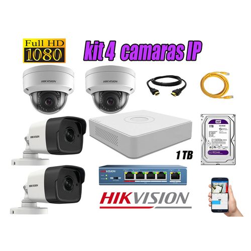 Kit 4 Cámaras de Seguridad Ip Hikvision mas Disco 1Tb Wd Púrpura
