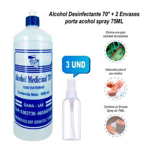 Alcohol Desinfectante 70° + 3 Envases Porta Alcohol Spray 75 ml