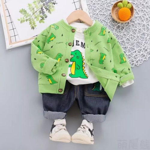 Ropa de Niño de Dinosaurios de 3  Set  Polo + Pantalon + Chompita de hilo 18M Color Verde