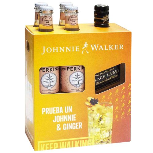 Pack Whisky JOHNNIE WALKER Black Botella 750ml + Agua Tónica MR PERKINS 4 Pack