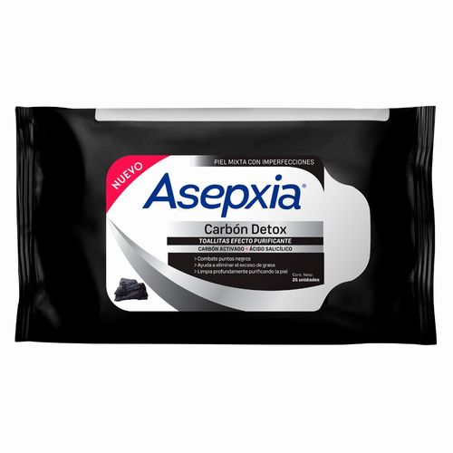 Asepxia Toallitas Limpieza Facial Carbón Detox 25un