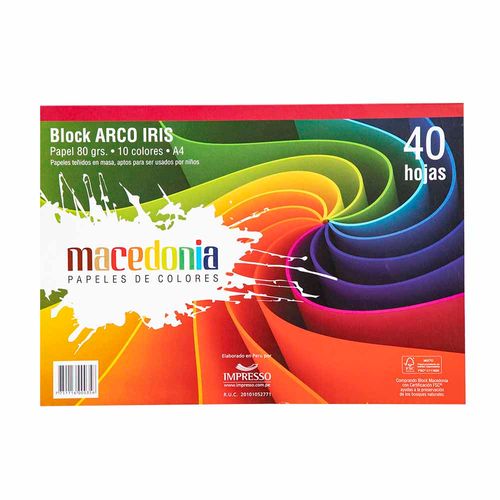 Papeles de Colores MACEDONIA A4 Block Arcoiris Paquete 40 Hojas