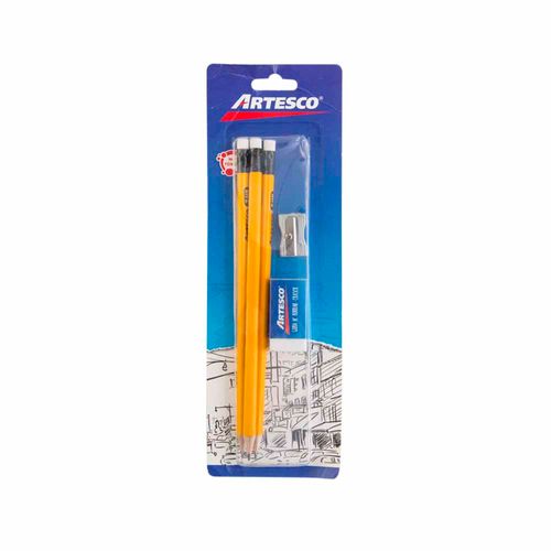 Set ARTESCO Lápiz Amarillo 2HB 3un + Borrador Chico Blanco + Tajador
