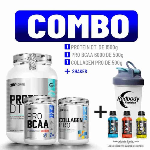 COMBO UNIVERSE NUTRITION - PROTEIN DT 1.500 KG. COOKIE + PRO BCAA 500 GR. FRUIT PUNCH + COLLAGEN PRO 500 GR. FRUIT PUNCH + SHAKER