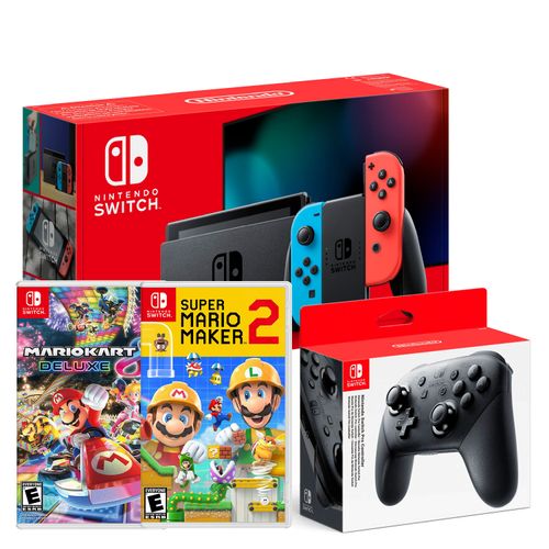 Consola Nintendo Swicth Neon 2019 + Mario Maker 2 + Mario Kart 8 + Pro Controller