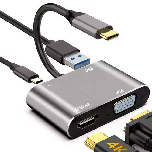 Adaptador 4 en 1 USB C a HDMI 4K, VGA, USB 3.0, PD Carga