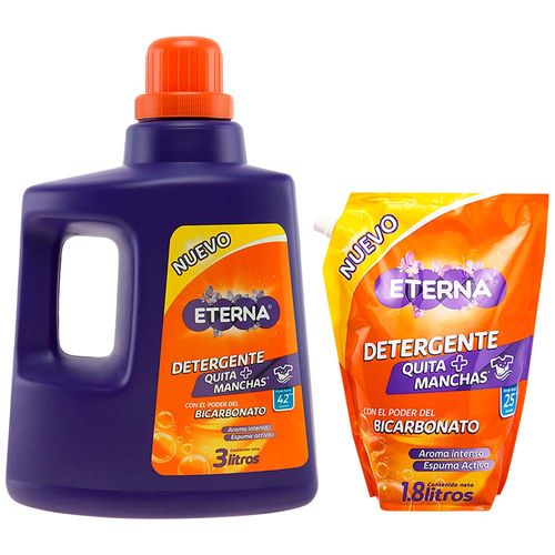 Pack Detergente Quita + Manchas ETERNA BIO Botella 3L + Doypack 1.8L