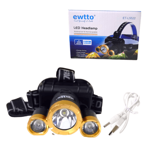 LINTERNA FRONTAL RECARGABLE 3 LED 5W ALTO BRILLO