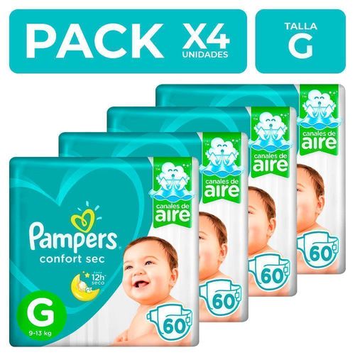 Pañales Pampers Confort Sec Talla G 60 unidades PackX4