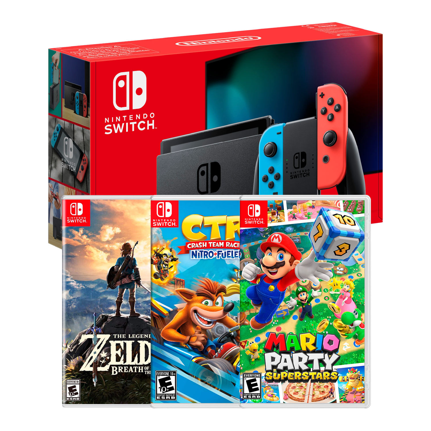 Consola Nintendo Switch Neon 2019 + Zelda Breath of the Wild + Crash team Racing + Mario Party Superstar