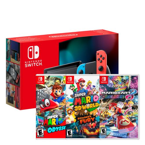 Consola Nintendo Switch Neon 2019 + Mario Odyssey + Mario 3D World + Mario Kart