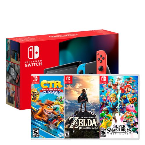 Consola Nintendo Switch Neon 2019 + Crash Team Racing + Zelda Botw + Smash