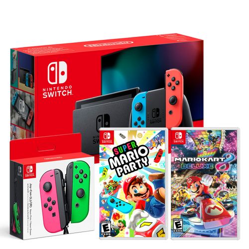 Consola Nintendo Switch Neon 2019 + Combo Mario Party + Mario Kart 8